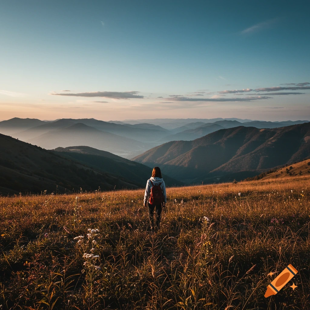 A person with a backpack stands in a field of tall grass looking out at a vast mountain landscape at sunset.