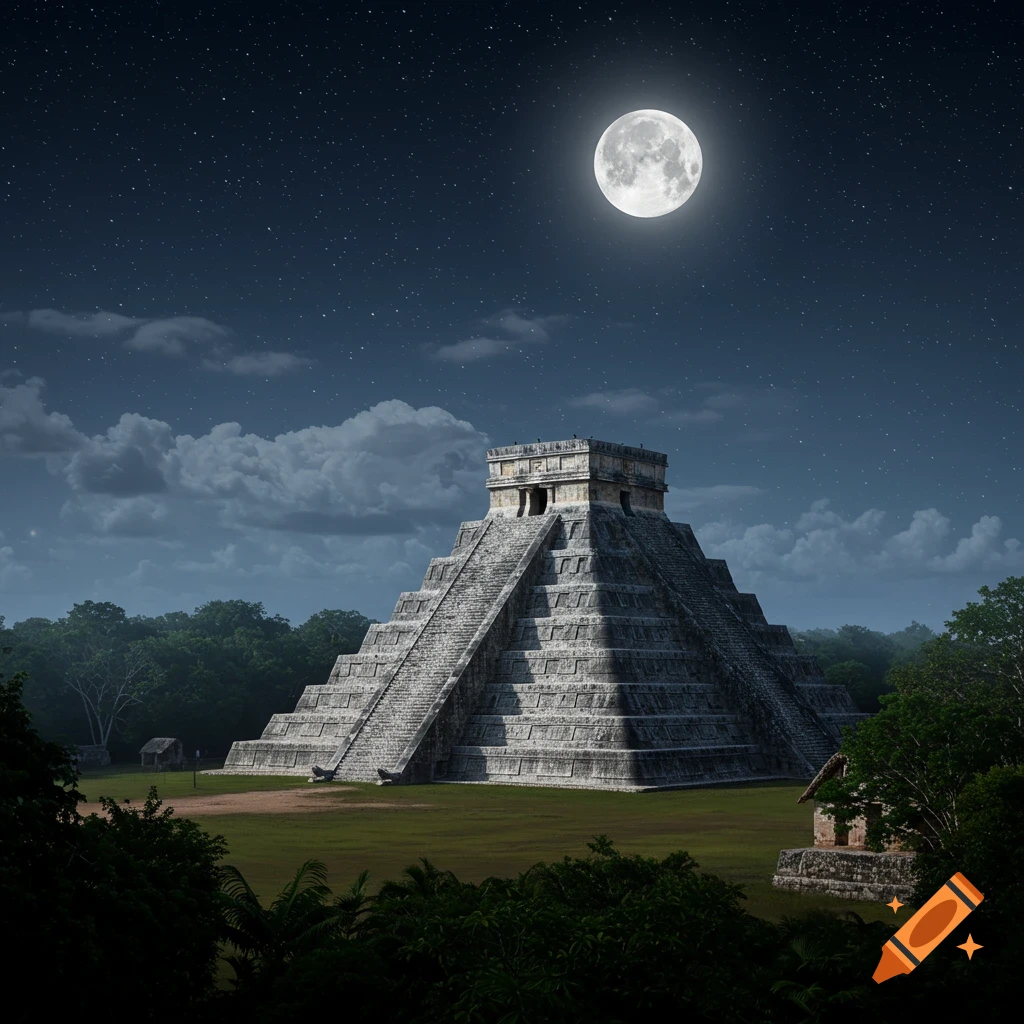 The Pyramid of Kukulcan at Chichen Itza under a full moon at night, photorealistic