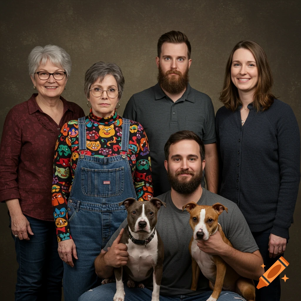 A family portrait with two older women, a younger woman, two men, and two dogs posing.
