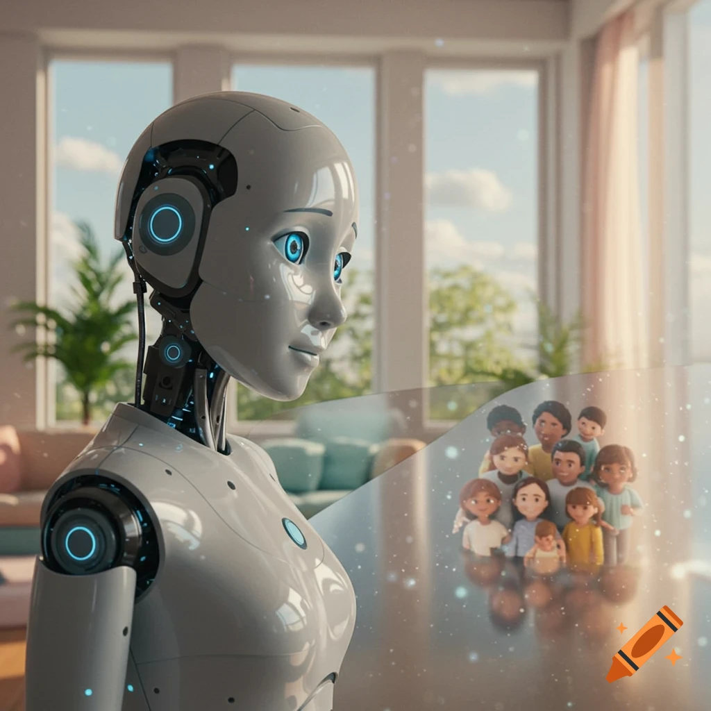 A white robot looks at a reflection of a diverse group of cartoonish people, representing family, in a bright room.