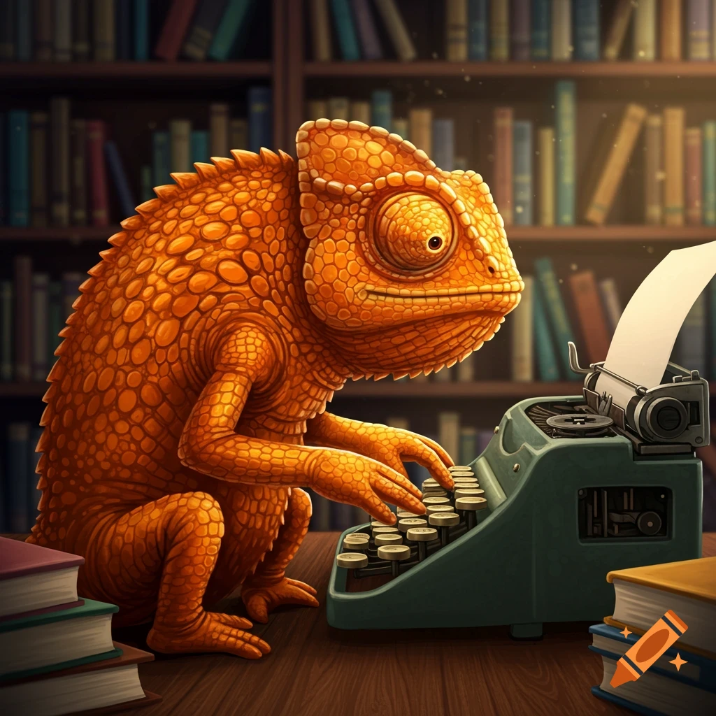 An orange chameleon sits at a desk typing on a vintage typewriter in front of a bookshelf.