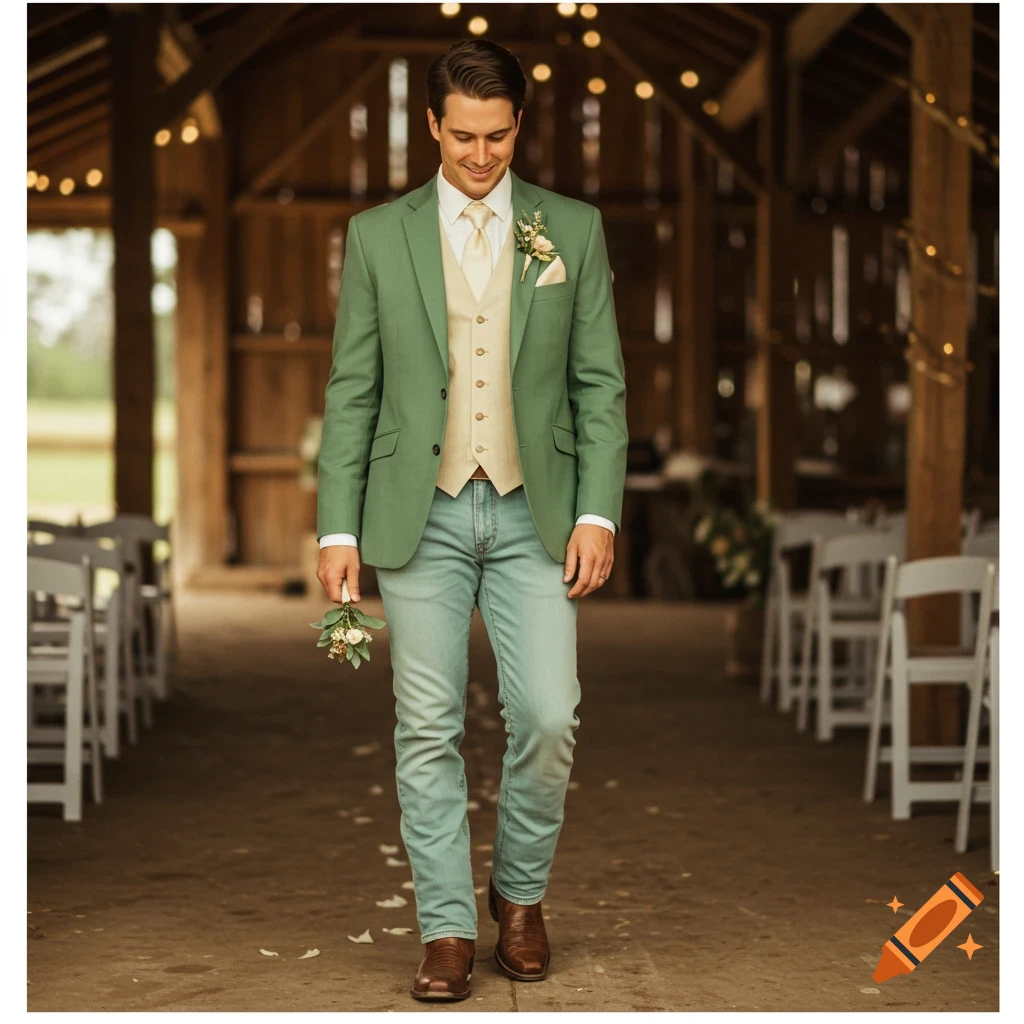 A man in a sage green suit jacket, light blue jeans, and cowboy boots walks down an aisle in a barn.