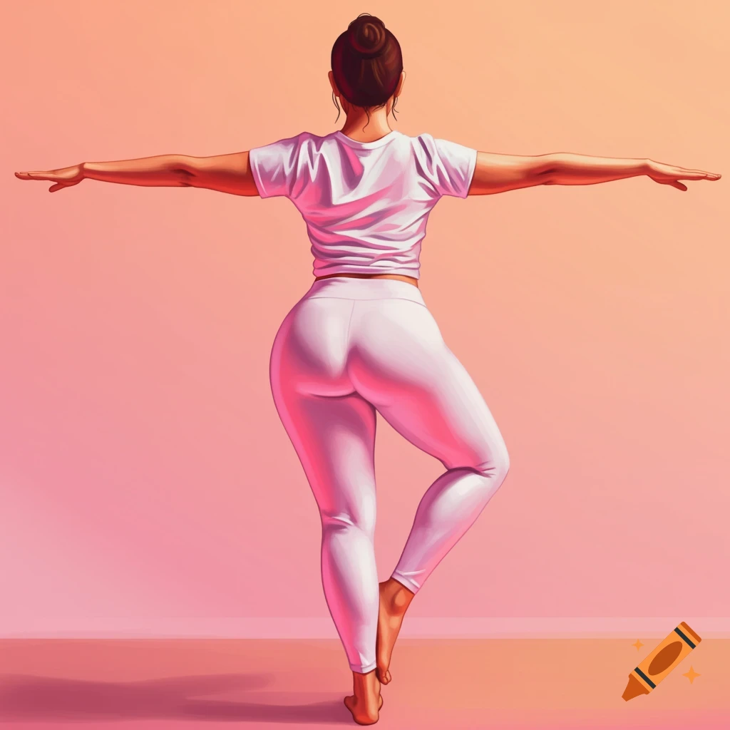 Illustration of a woman in a white shirt and leggings doing a yoga pose.