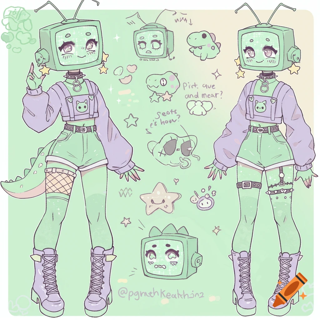 Character reference sheet of an anime-style TV head person with pastel green and purple clothing and dinosaur tail.