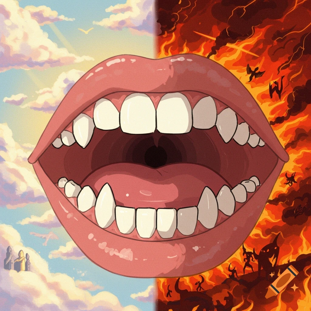 An open mouth splitting a scene of a sunny sky with clouds and distant structures on the left, and a fiery landscape with demons and smoke on the right.