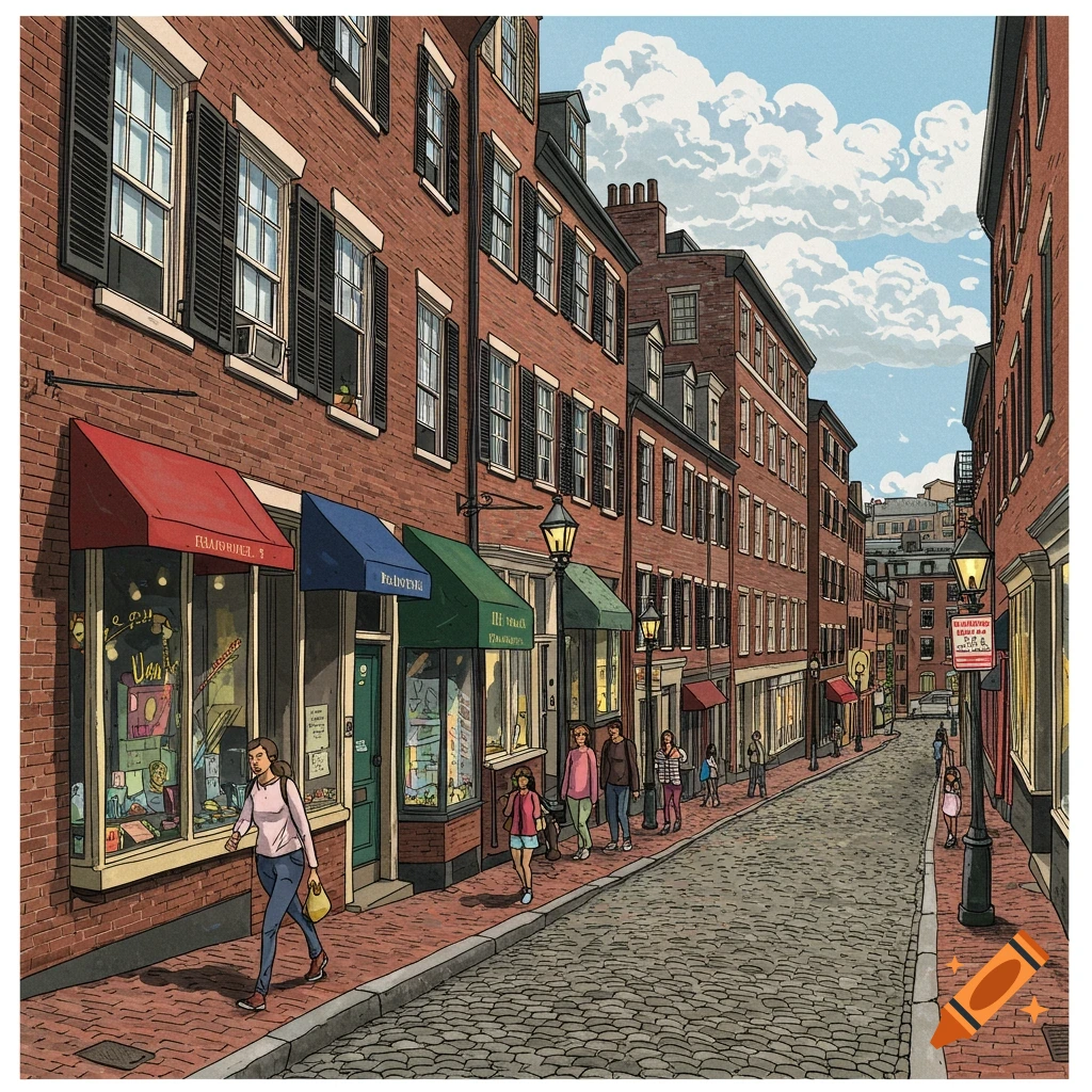 Illustration of a busy street scene in a city like Boston, with brick buildings, shops, cobblestones, and people walking.
