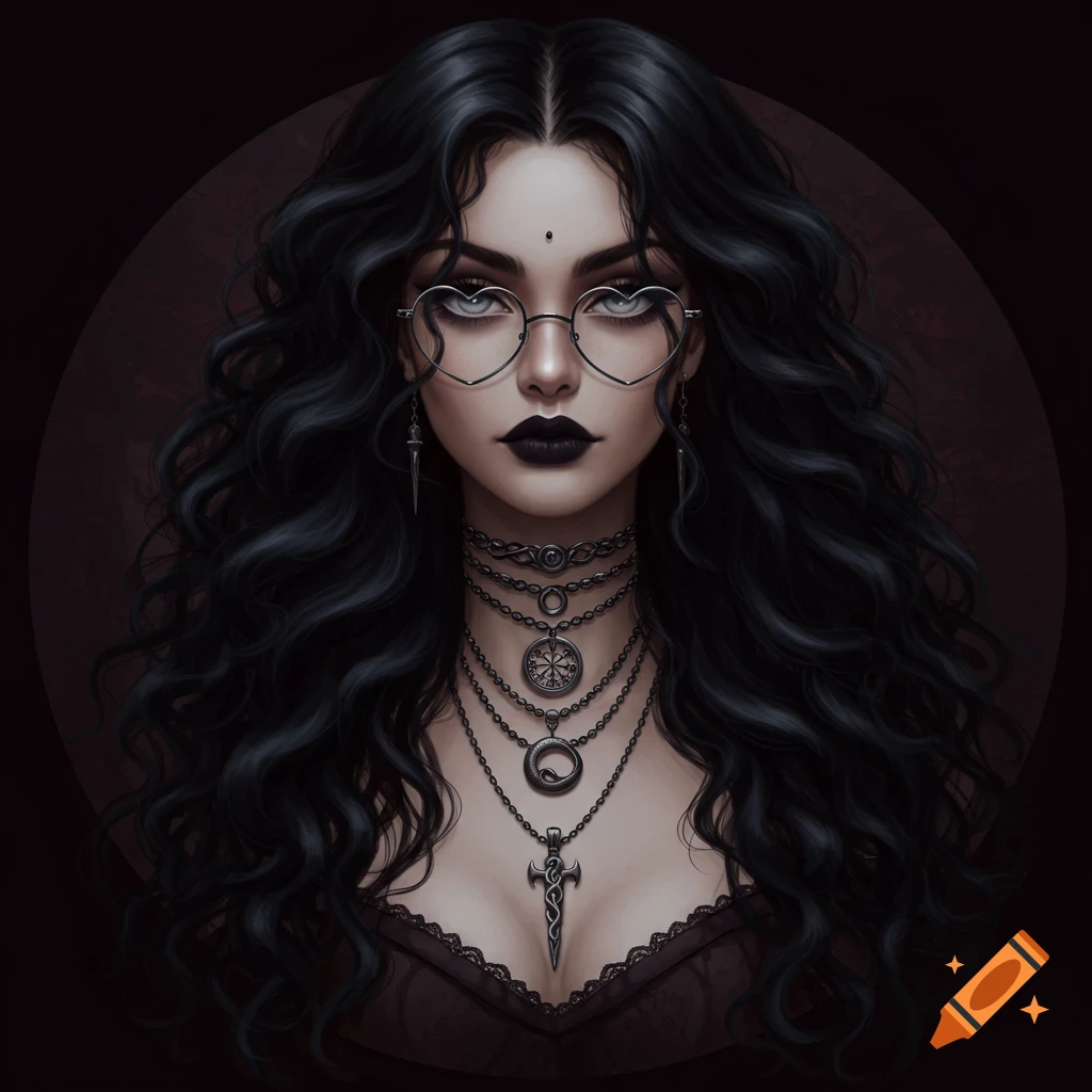 Portrait of a gothic woman with long black curly hair, heart glasses, dark makeup, and layered necklaces against a dark background.