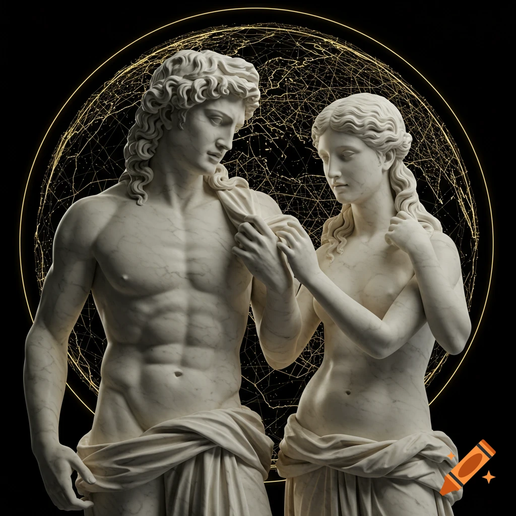 Digital art of realistic marble statue couple in Greek god and goddess aesthetic with wireframe globe background.