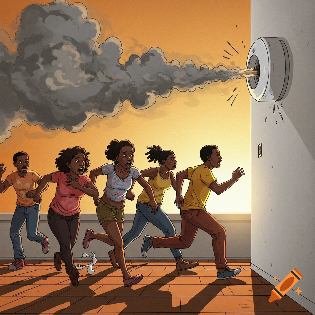Illustration of a group of people running in fear from a smoke detector emitting smoke.