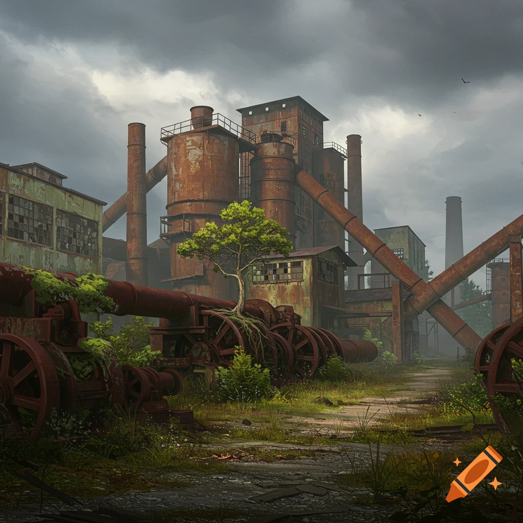 Abandoned rusty factory complex overgrown with vegetation under a cloudy sky, digital art