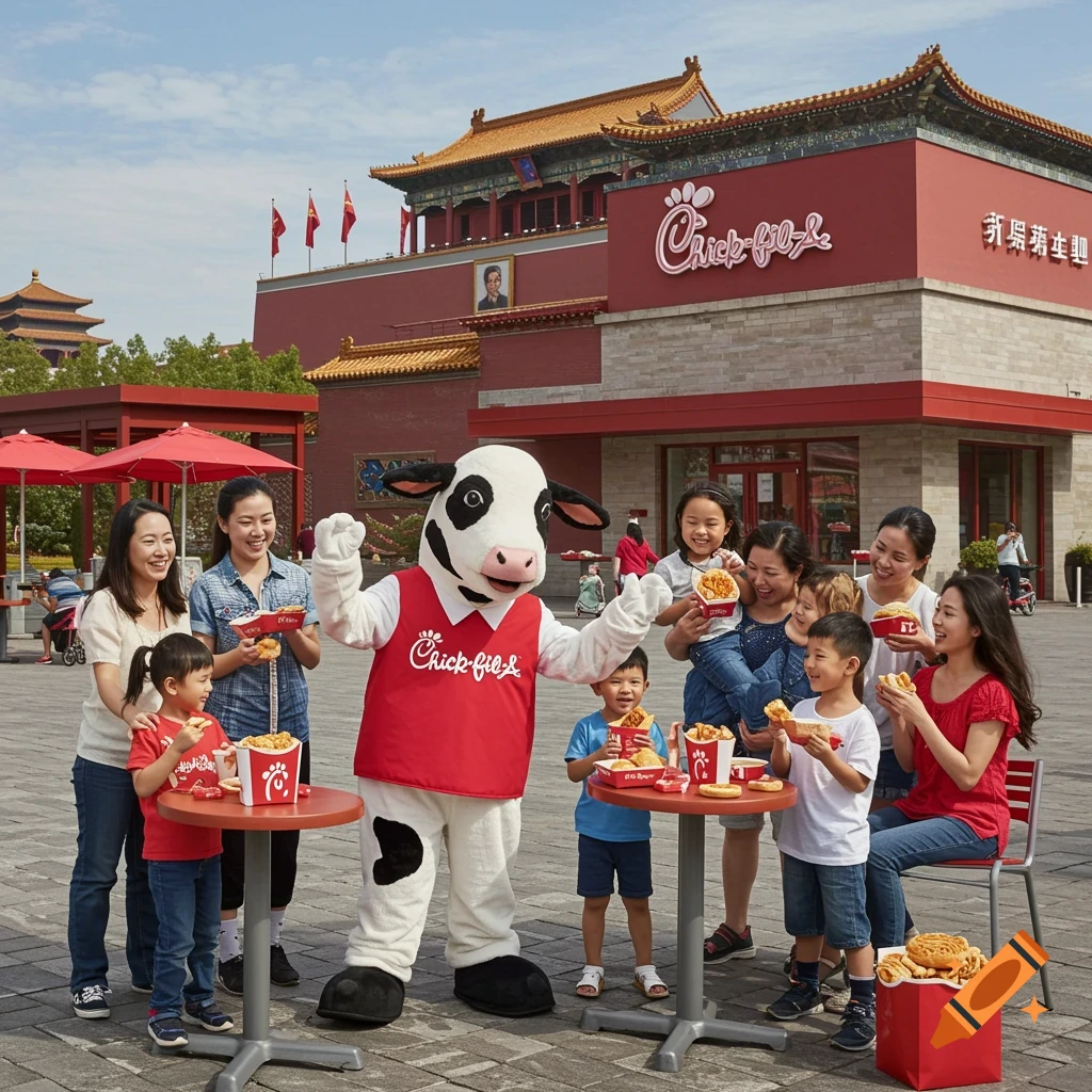 Chick-fil-A cow mascot and families eating outside a restaurant in a square with Asian architecture.