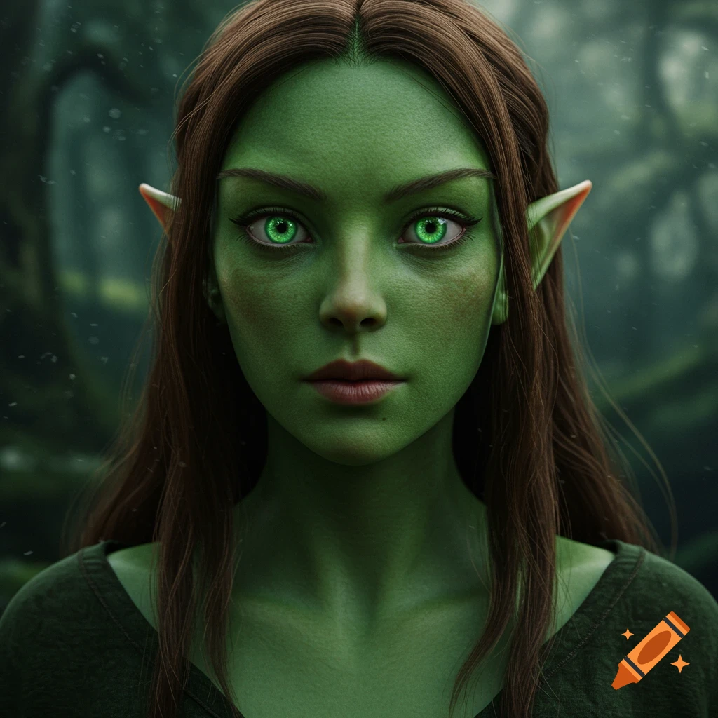 Hyperrealistic portrait of a female elf with green skin and green eyes in a forest.