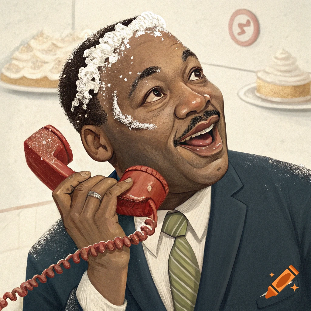 Illustration of a man resembling MLK, covered in white icing, smiling and holding a red telephone.