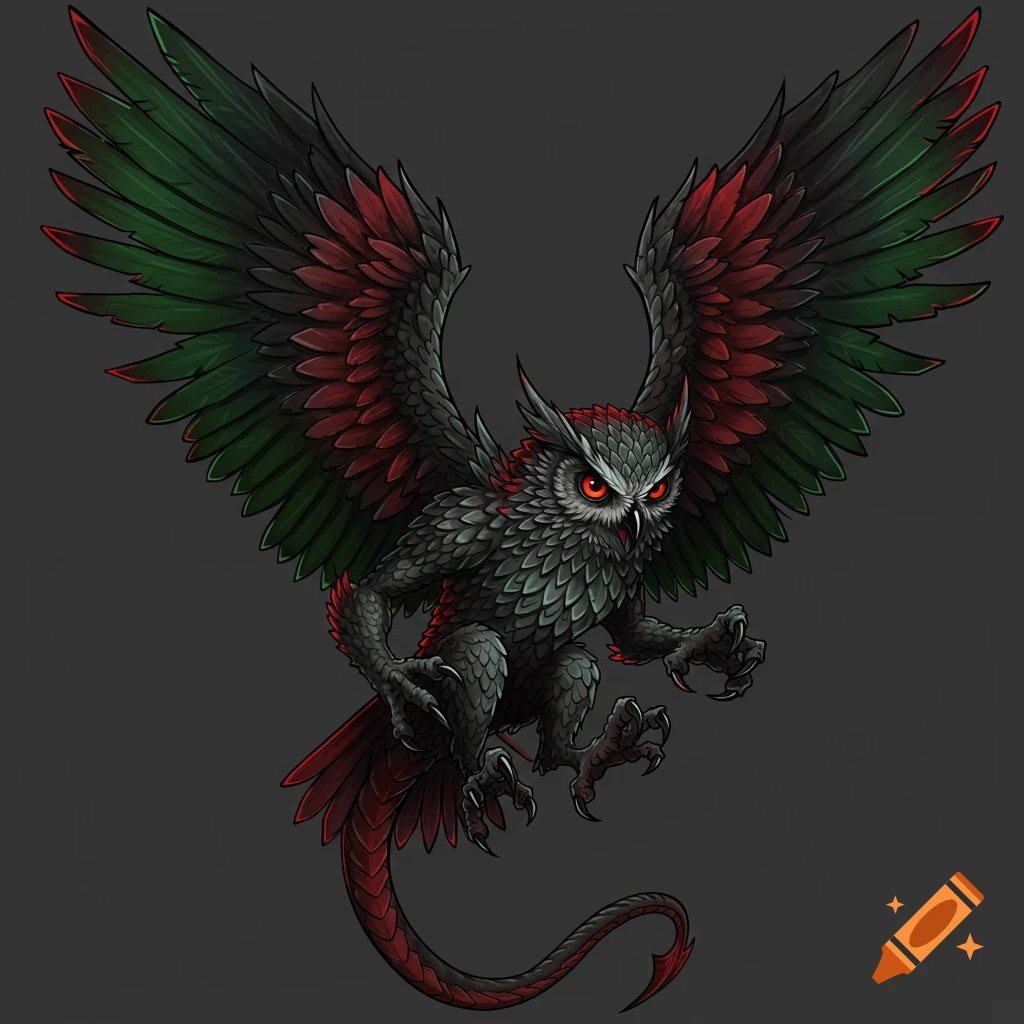 Illustration of a dark fantasy owl and dragon hybrid creature with extended wings and red eyes.