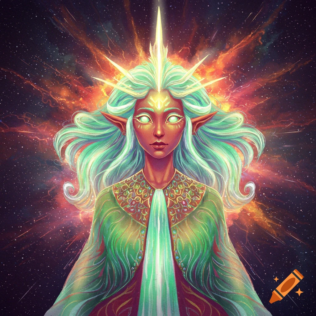 Illustration of a glowing elf-like figure with long ears and ornate clothing against a starry cosmic background.