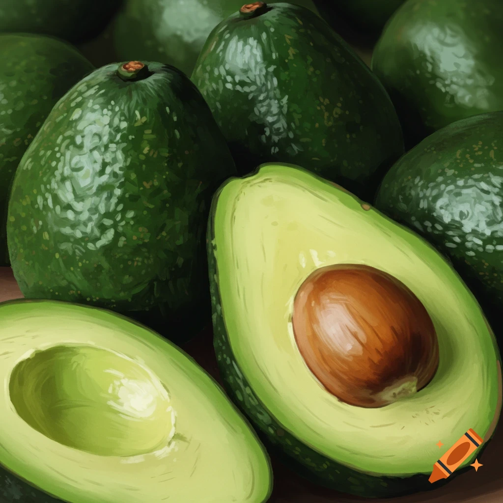Close-up of several avocados, including one cut in half showing the pit.