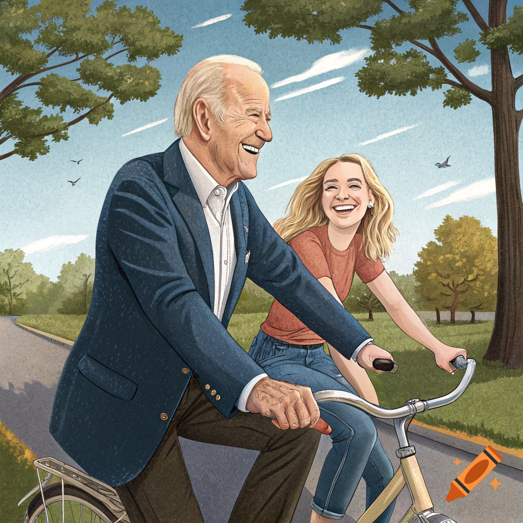 Illustration of Joe Biden and Sydney Sweeney riding a bicycle in a park