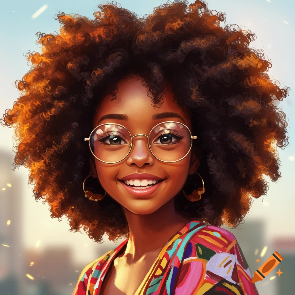 A close-up portrait of a young Black girl with glasses and a large perm hairstyle, smiling brightly. She is wearing a colorful patterned shirt.