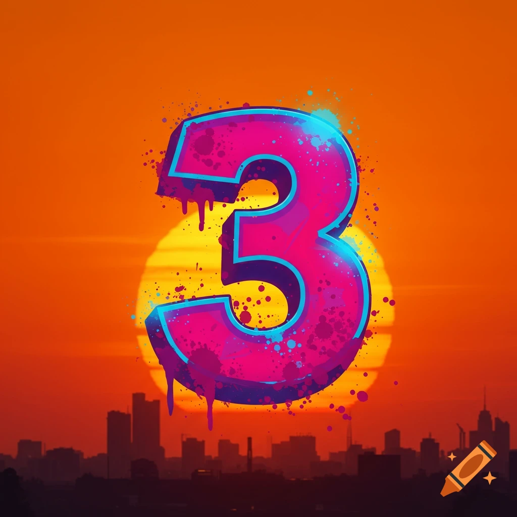 A large, pink and blue number 3 with paint drips and splatters floats above a dark city skyline silhouette against a bright orange and yellow sunset.