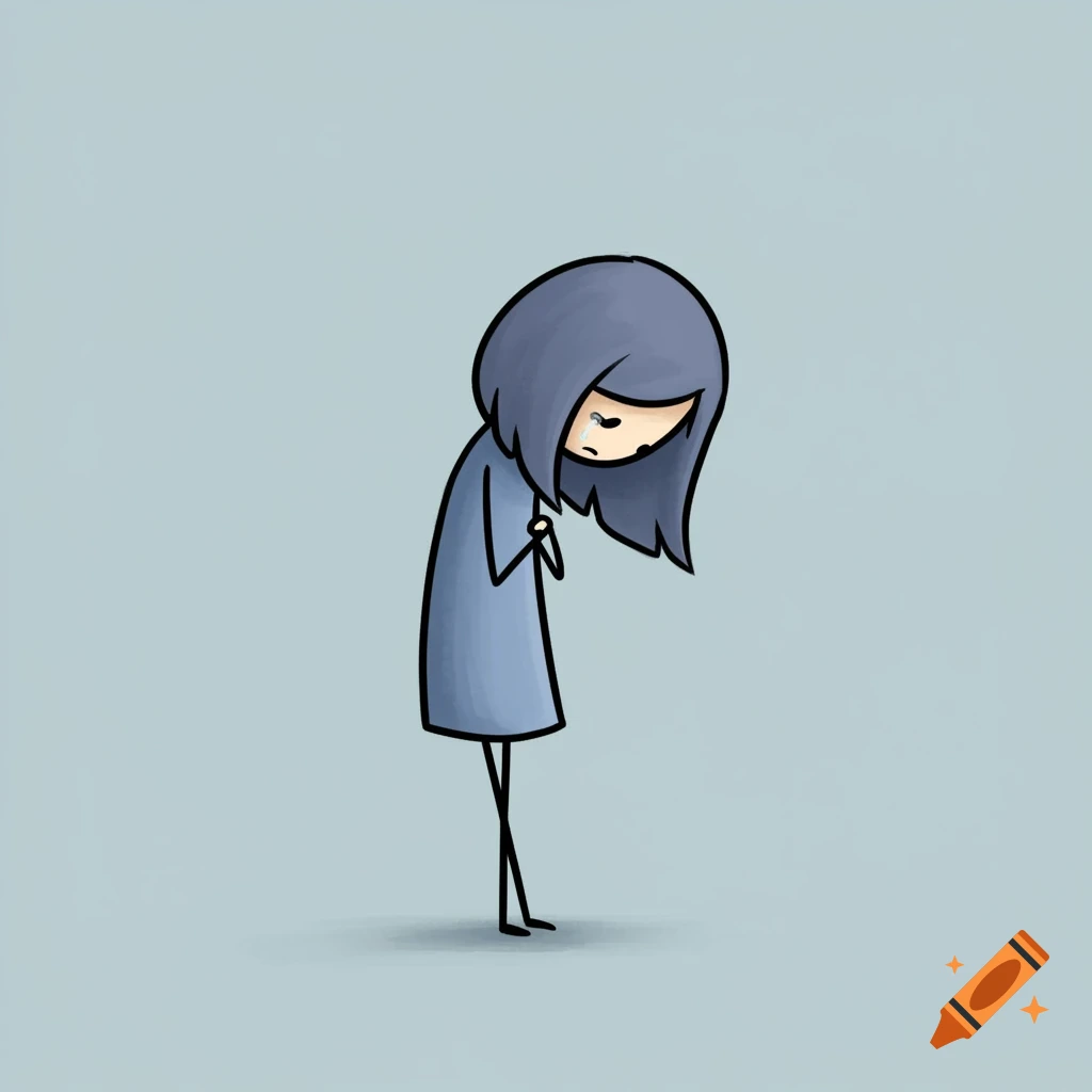 A sad stick figure person in a blue dress, looking down with a tear.