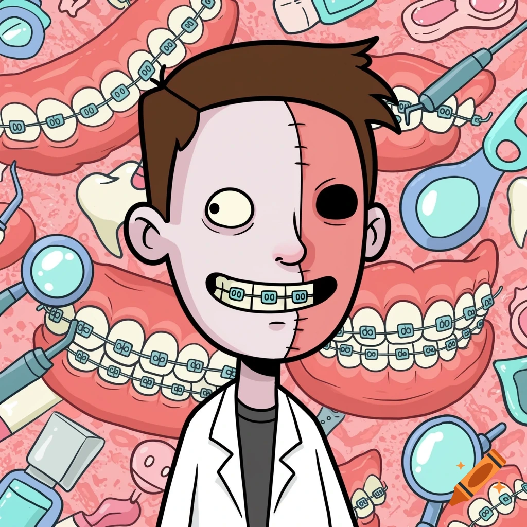 Cartoon portrait of a person with a stitched face and braces, with a background of gums, teeth, and dental tools.