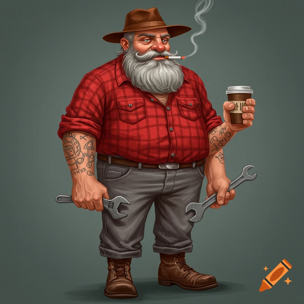 Stylized illustration of a man with a beard, hat, flannel shirt, holding a cigarette, coffee cup, and wrenches.