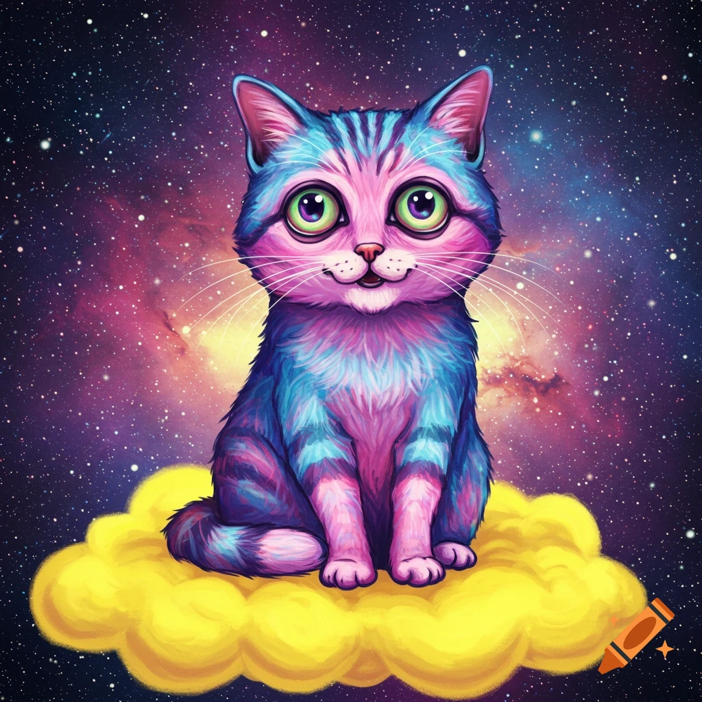 Colorful cat with wide eyes sitting on a yellow cloud in space