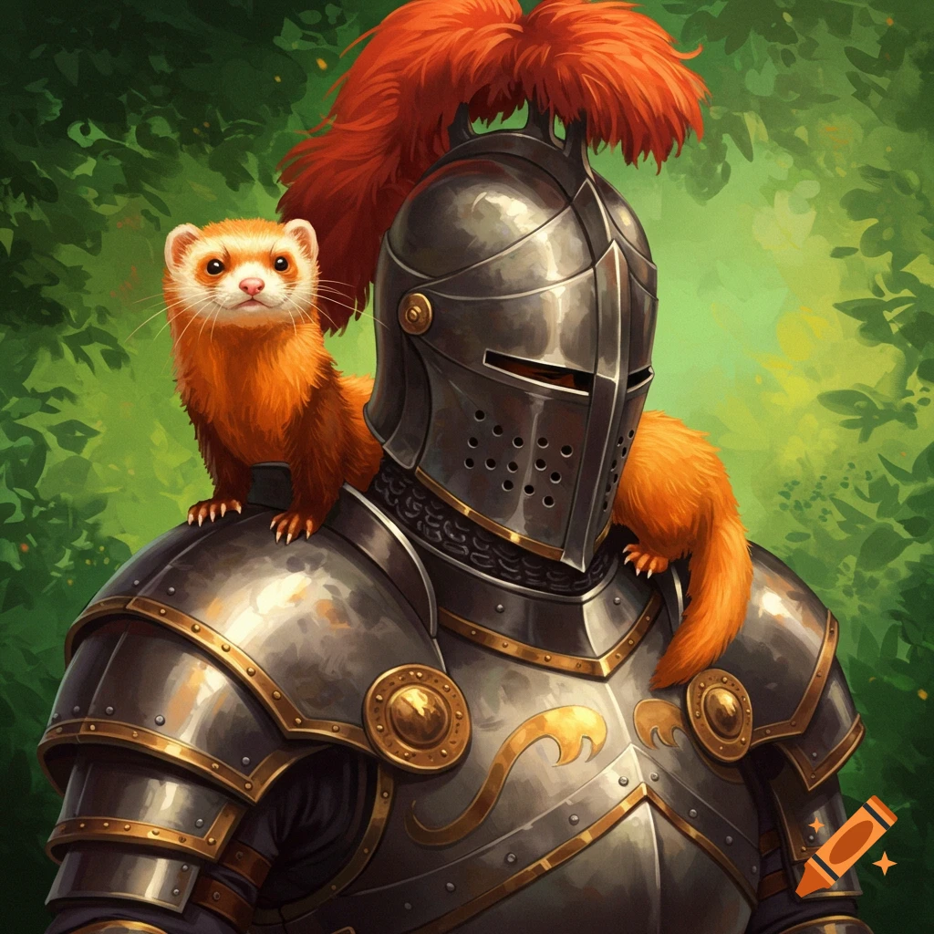 A knight in armor with an orange ferret on his shoulder in a forest, illustration.