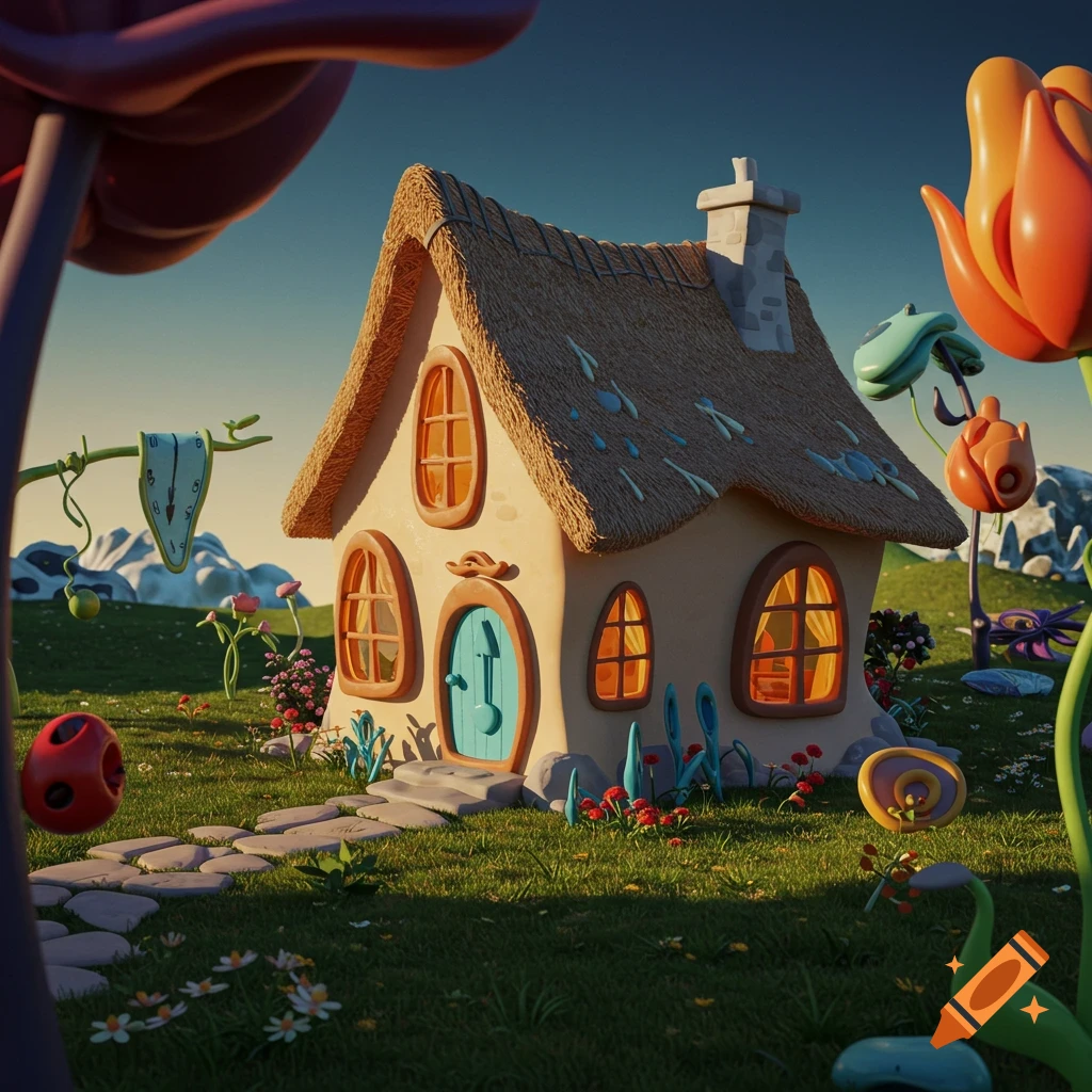 A whimsical cottage in a surreal landscape with melting clocks and strange plants, in the style of Salvador Dali.