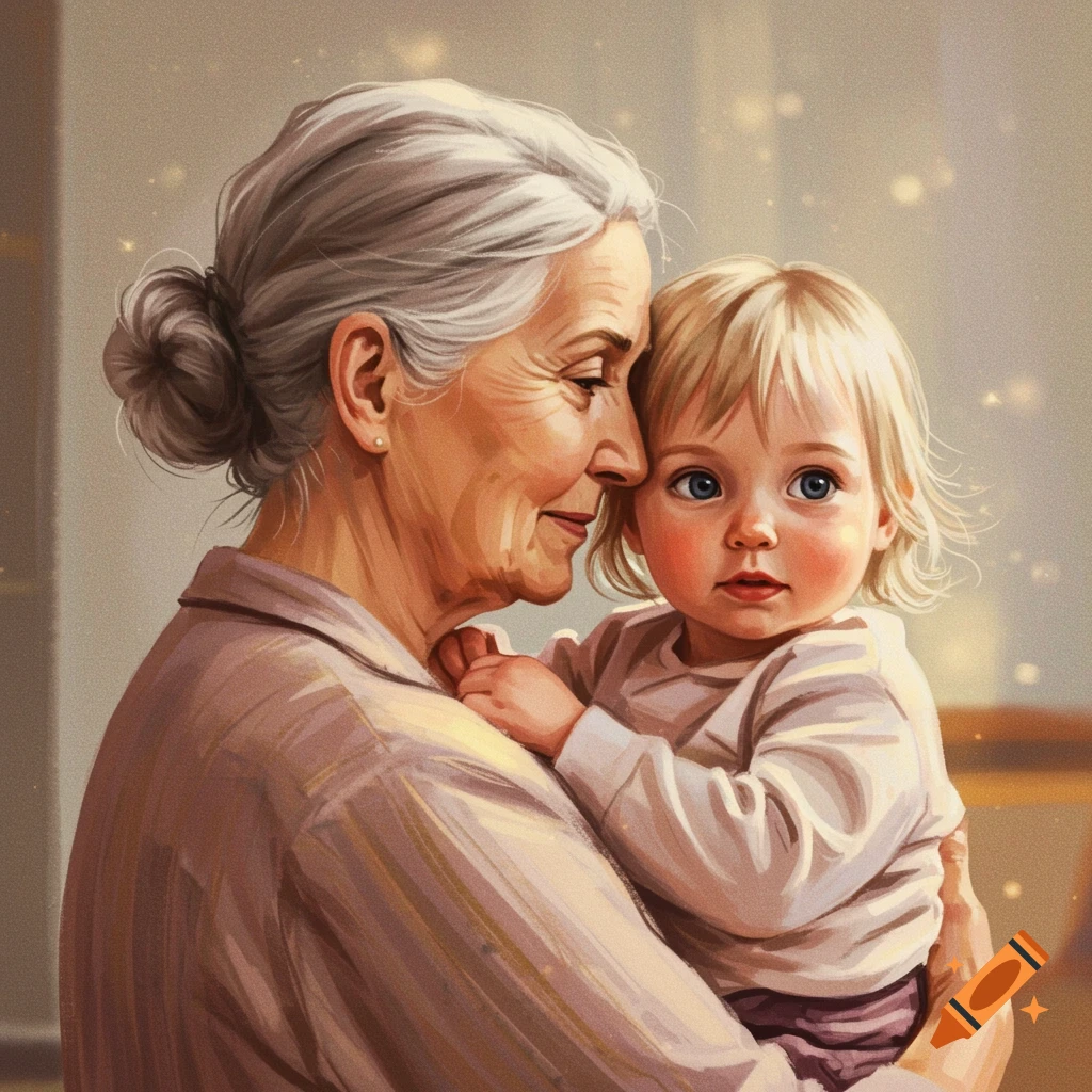 An elderly woman holds a baby close, both looking towards the viewer. Digital art style.