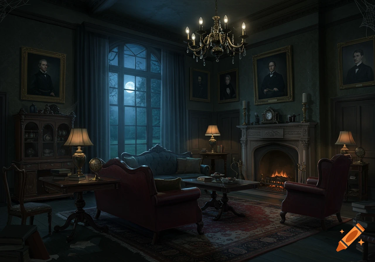 A dark, spooky Victorian living room at night with a fireplace, furniture, and moonlight through a large window.