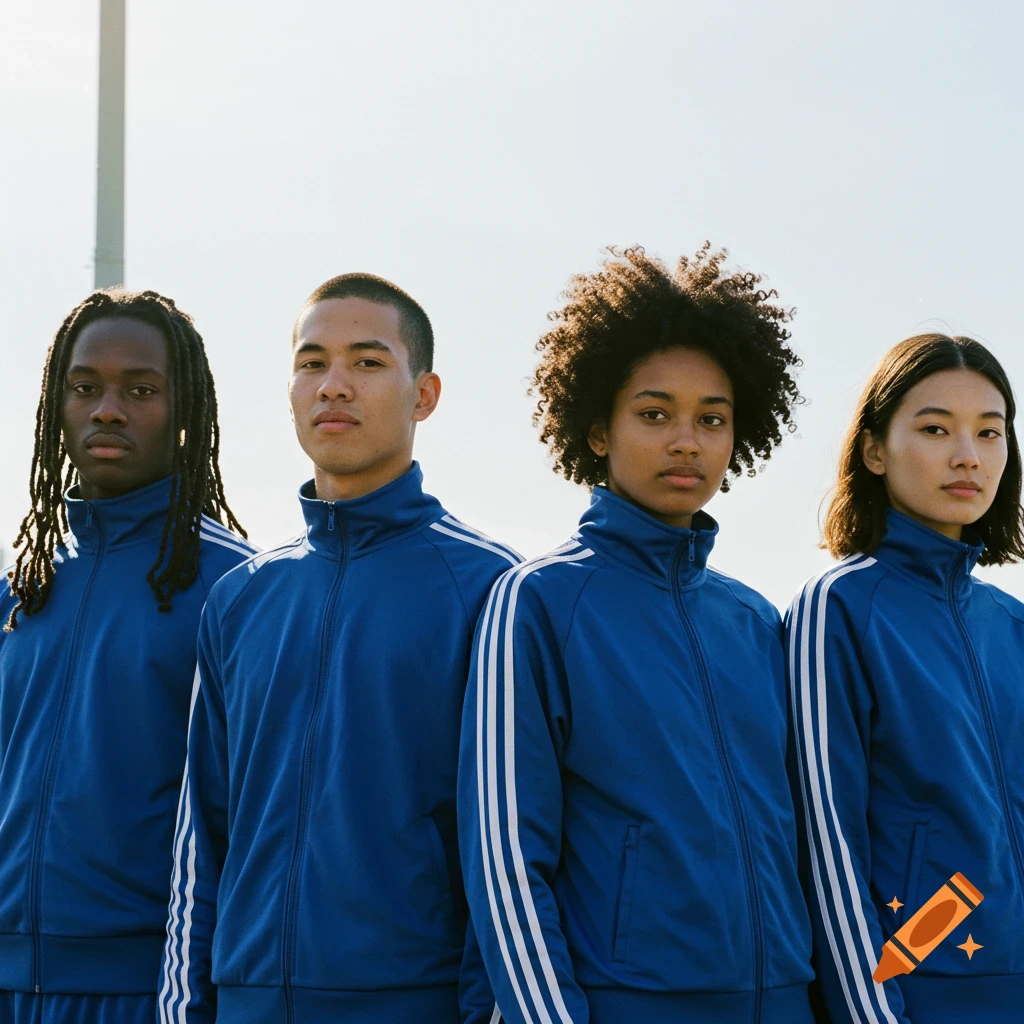 Four people standing outside in blue track jackets