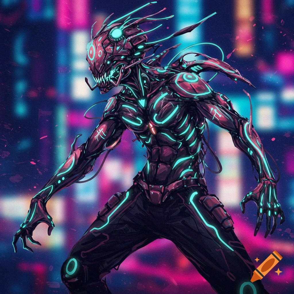 A stylized, glowing alien creature with sharp teeth stands against a blurred neon city background.