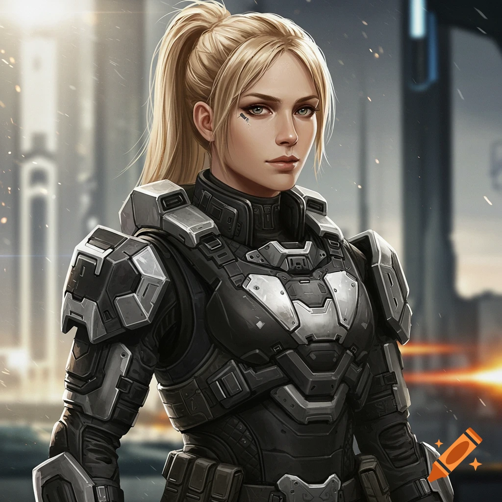 Portrait of a woman in futuristic black and silver armor with blonde hair, sci-fi city background