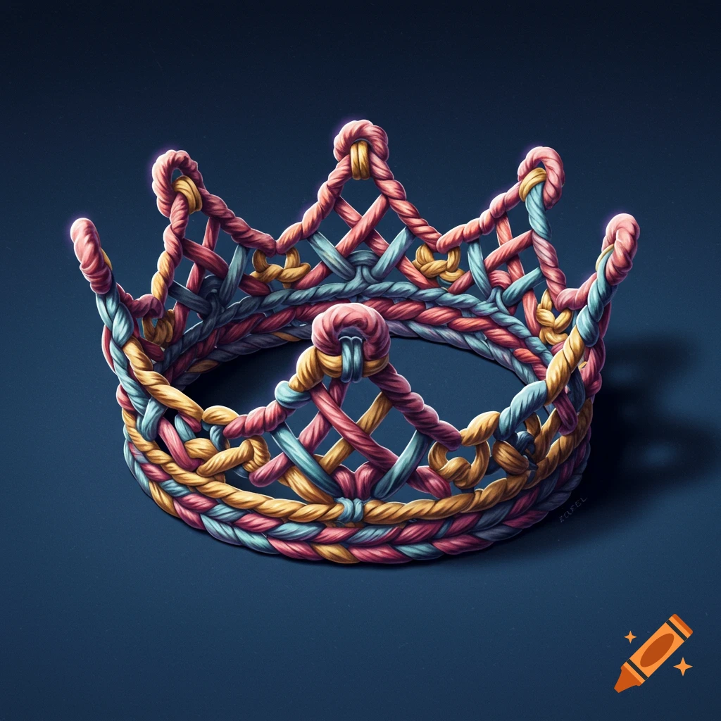 A colorful crown made of woven pink, yellow, and blue ropes.