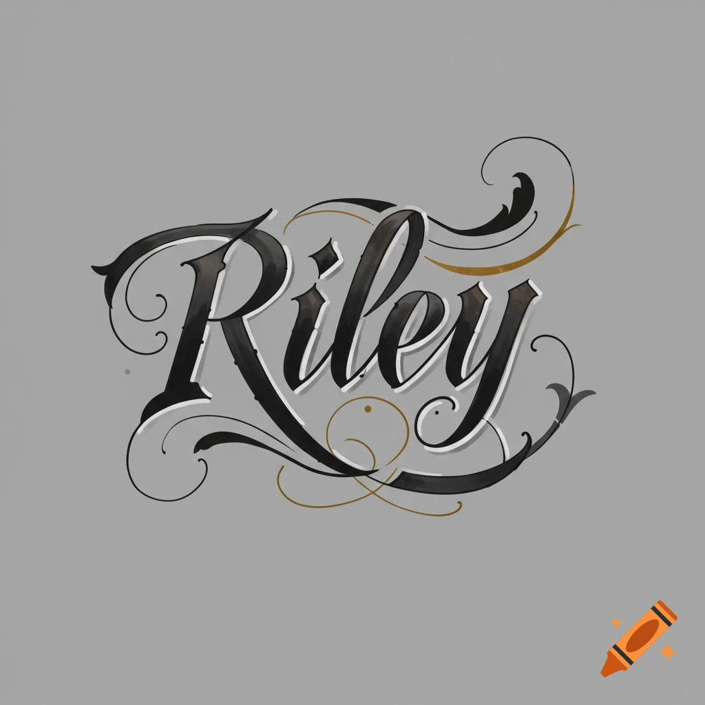 Black calligraphy of the name "Riley" with decorative flourishes on a grey background.