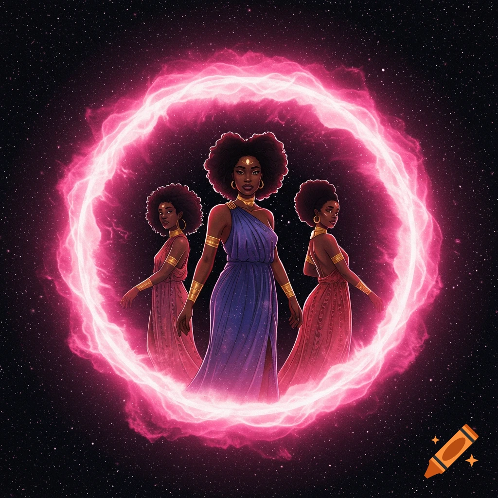 Illustration of three Black women in ancient dresses and armbands inside a pink energy ring in space.
