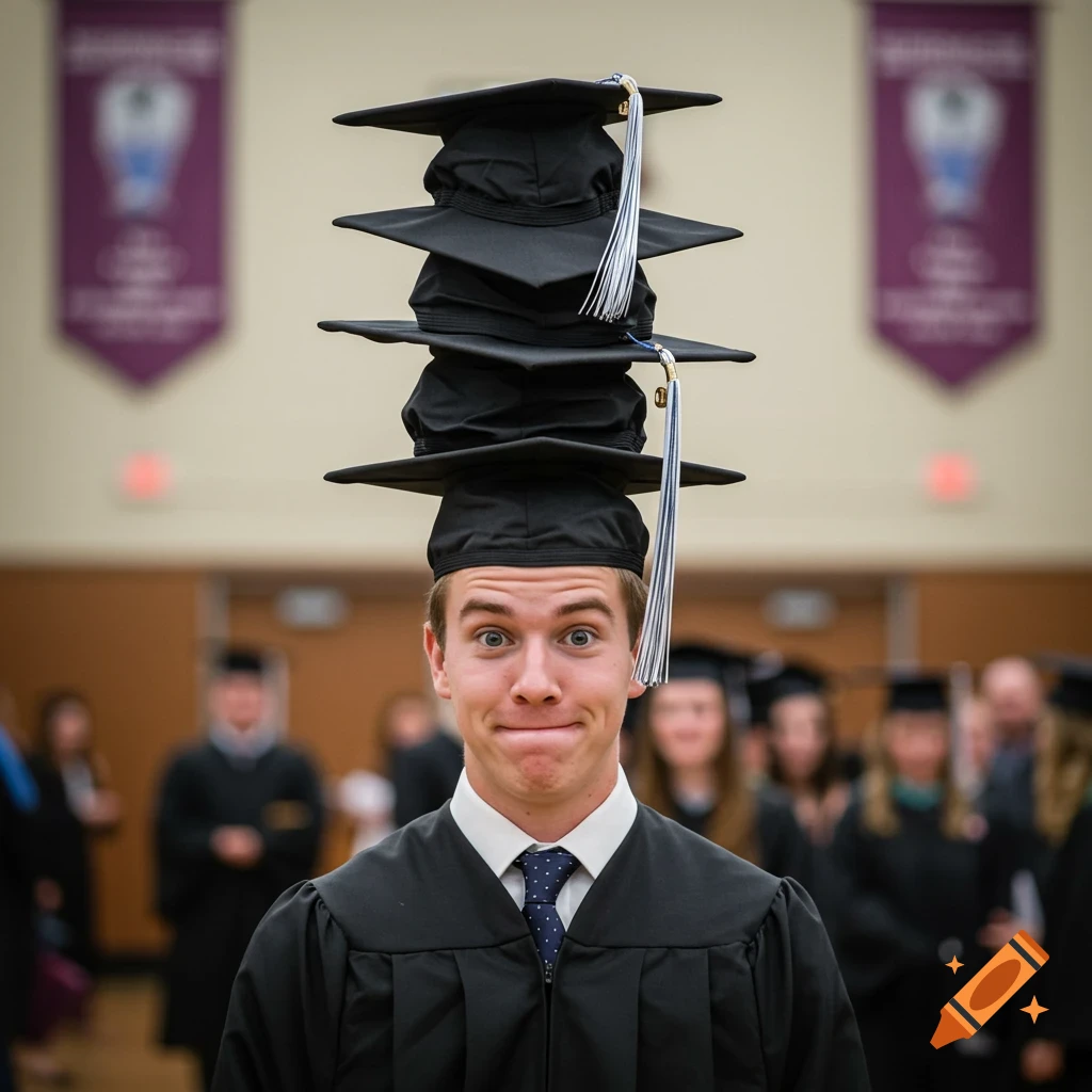 A young man in a graduation cap and gown stacks five mortarboards on his head and makes a funny face.