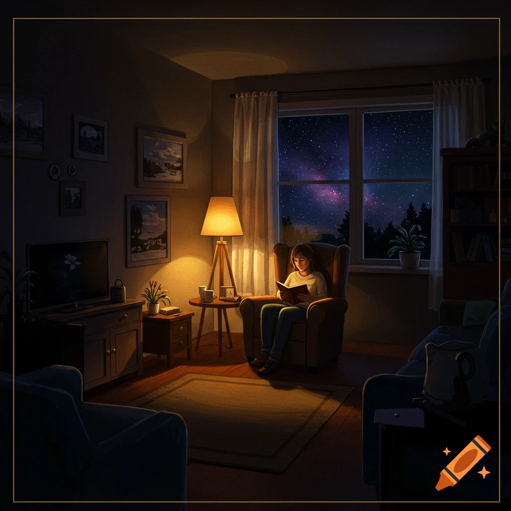 A person reads in a chair by a window at night with a starry sky outside.