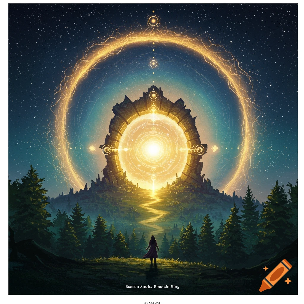 A person views a glowing sci-fi ring portal on a mountain under a starry sky, surrounded by trees. Digital art.