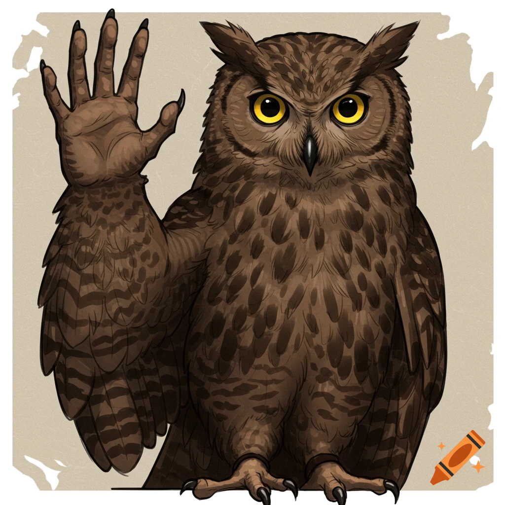Drawing of a Eurasian eagle-owl waving