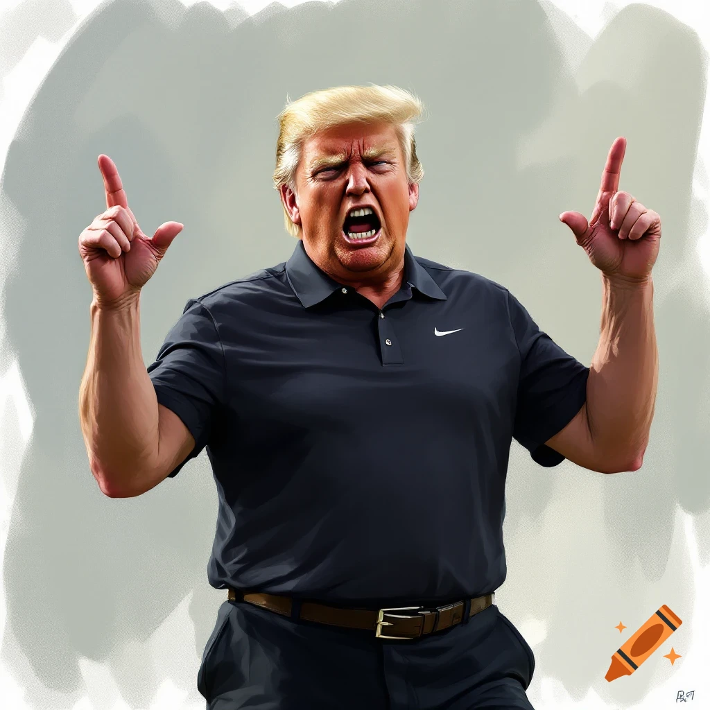 Caricature of Donald Trump yelling and pointing up.