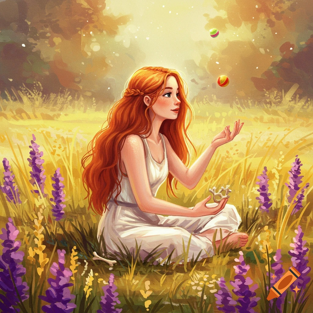 Illustrated woman with red hair playing knucklebones and juggling in a sunny meadow.