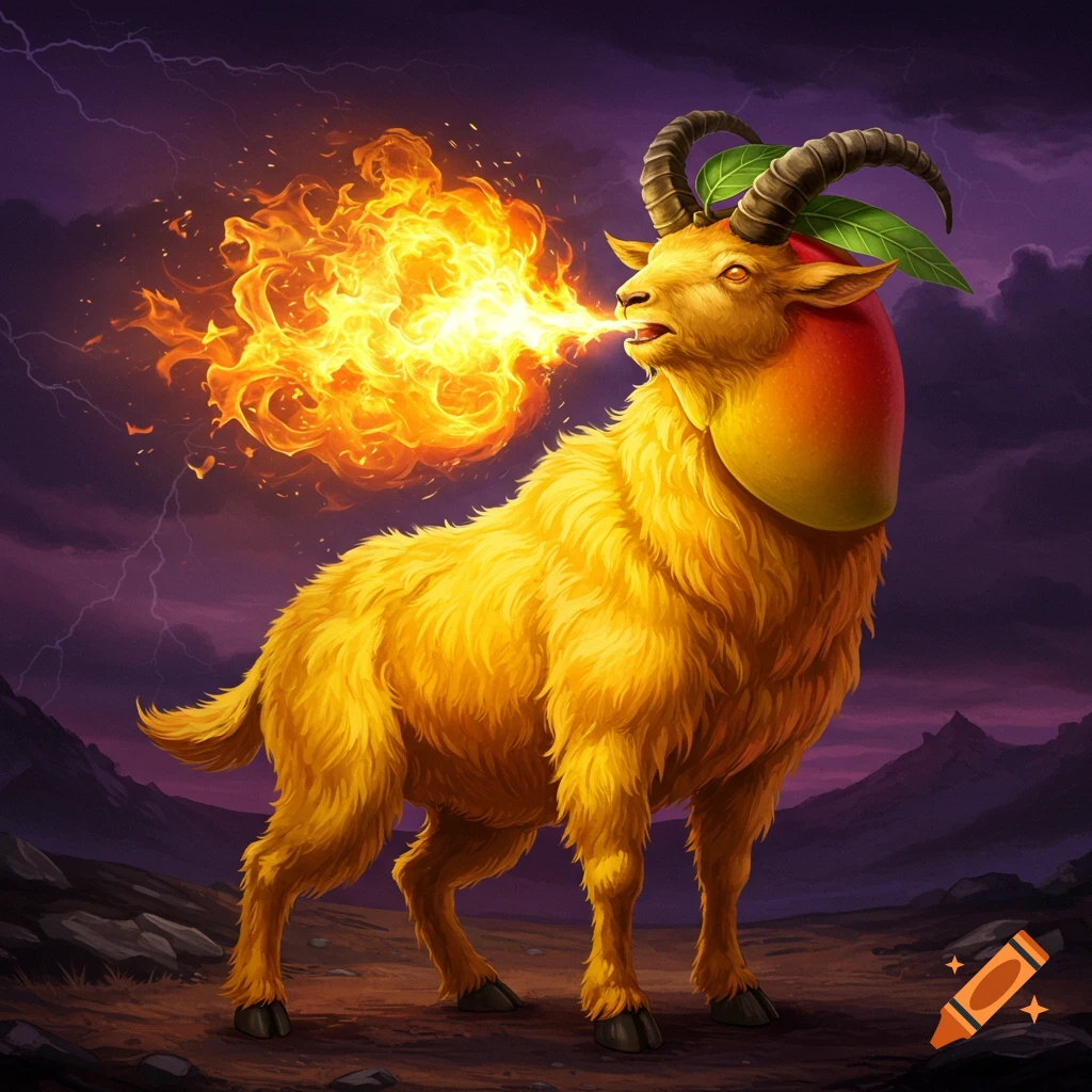 A fire-breathing yellow goat with a mango for a head, standing in a rocky landscape under a stormy, lightning-filled sky. Digital art.