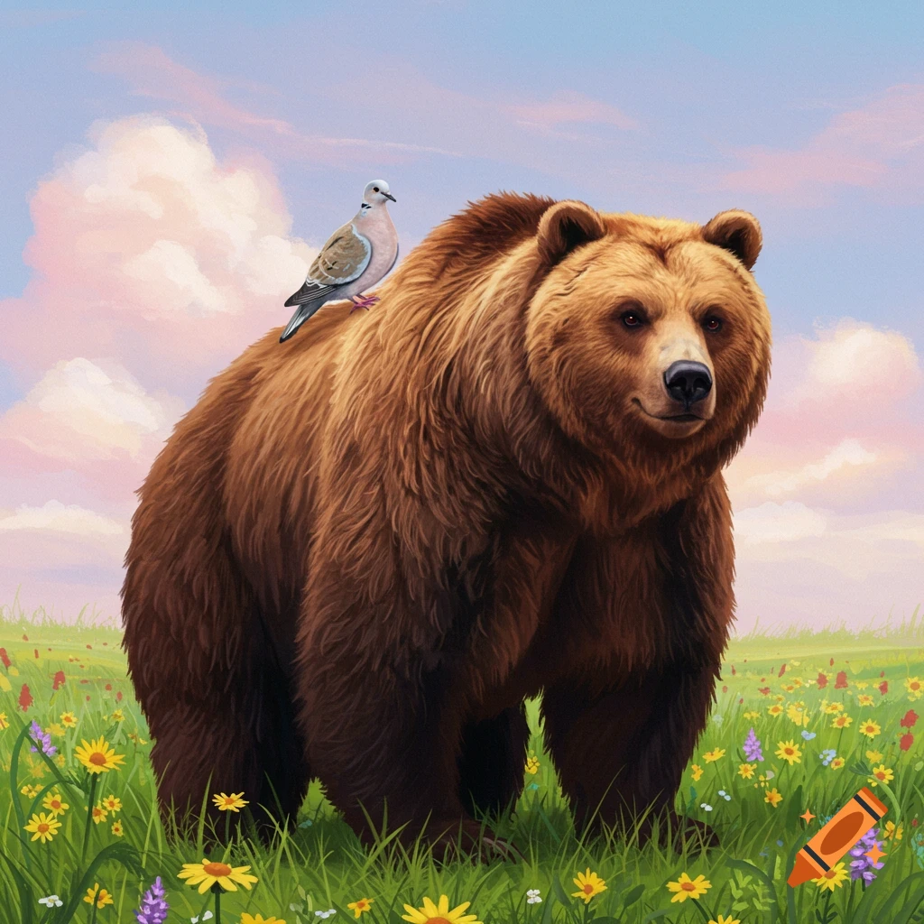 A brown bear stands in a field of wildflowers with a dove perched on its back under a cloudy sky. Painting style.