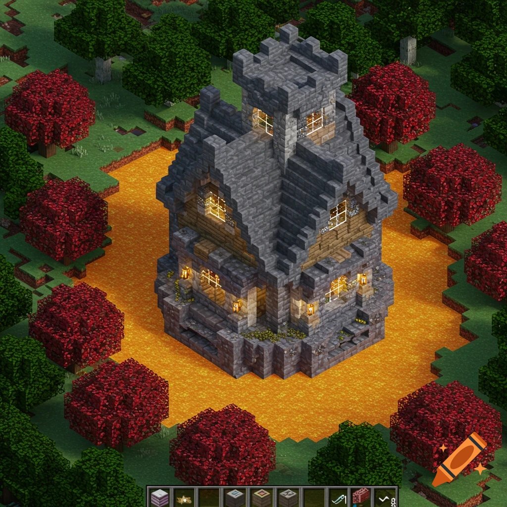 A Minecraft-style castle house with a lava moat surrounded by red cherry trees and green trees.