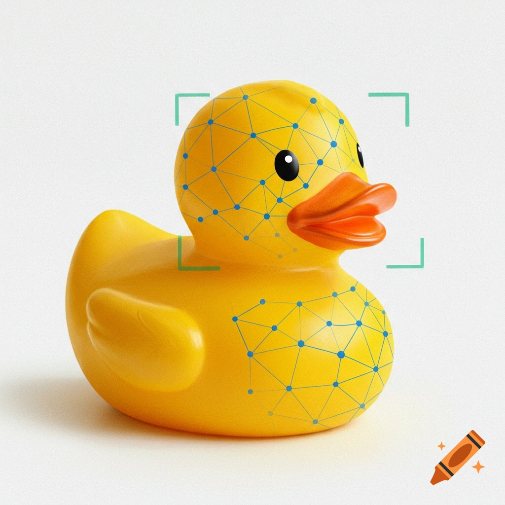 A yellow rubber duck with a blue digital facial recognition mesh and green markers over its head.