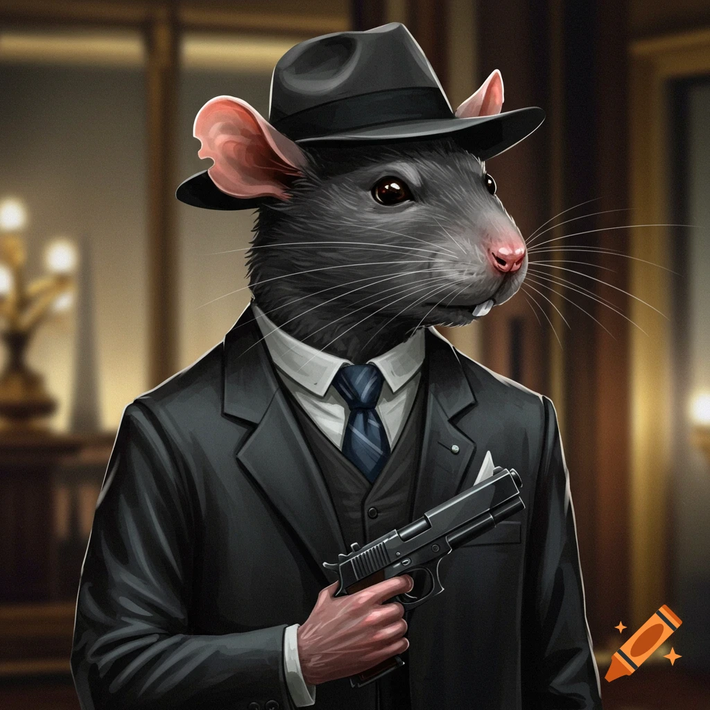 A rat in a suit and fedora holding a handgun.