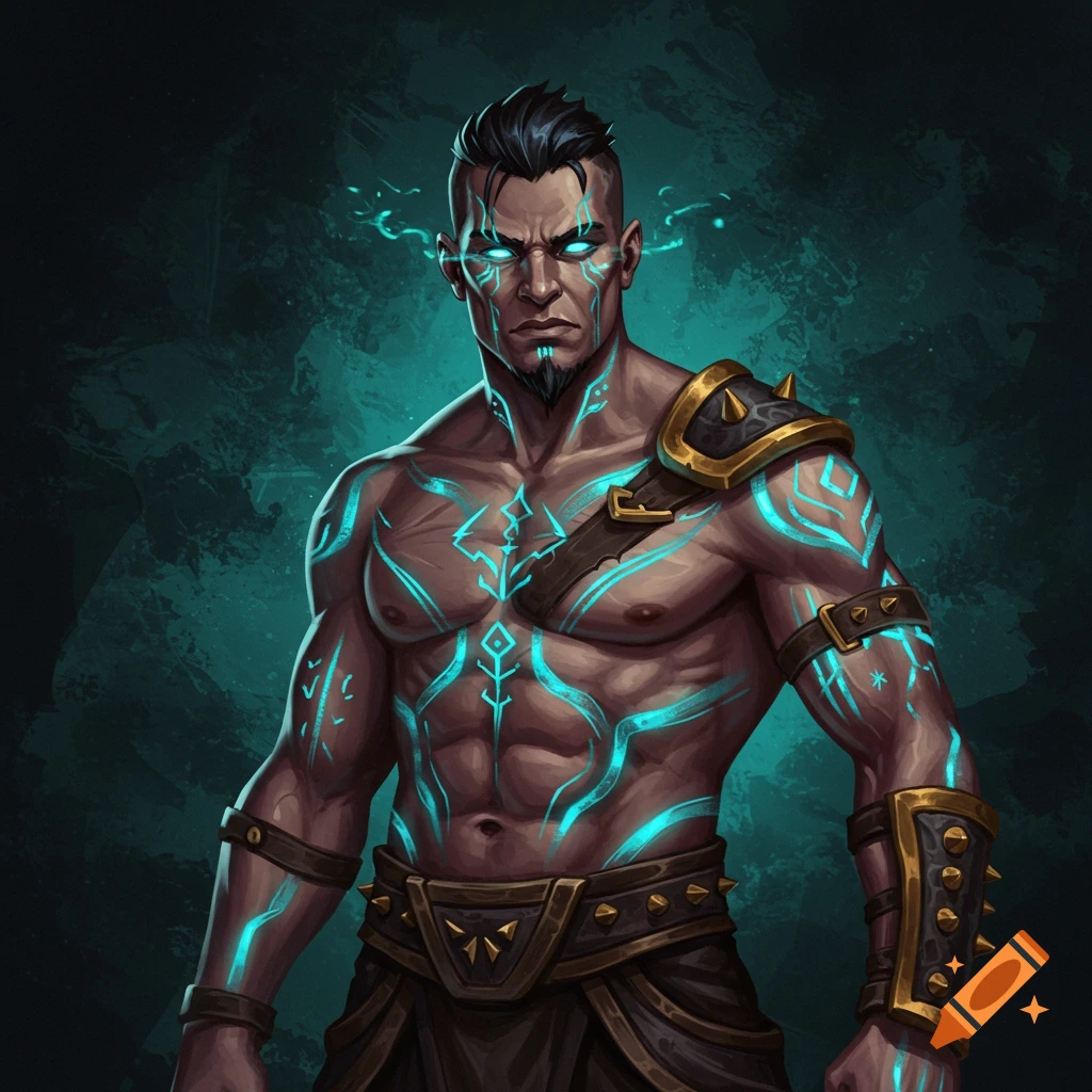 Image of a muscular male fantasy character with glowing blue runes and armor.