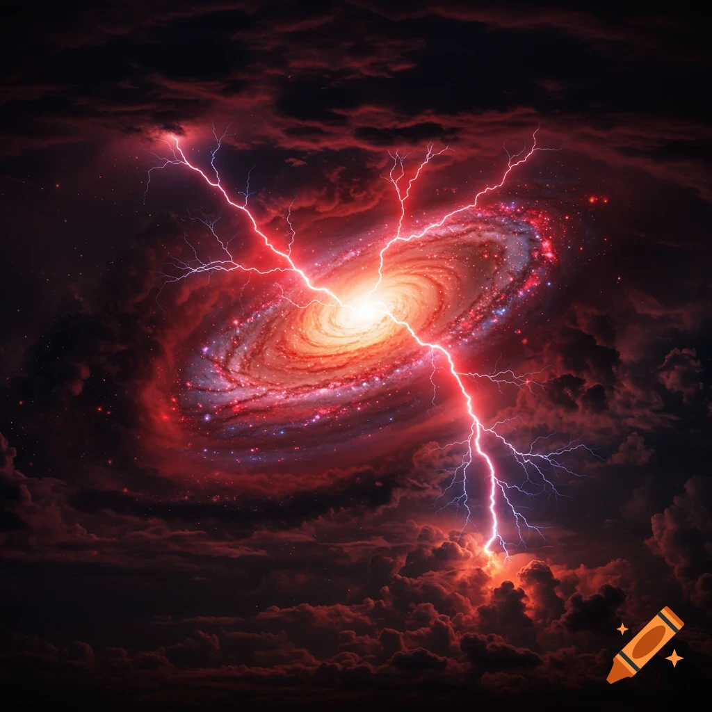 A red spiral galaxy with lightning striking through dark red clouds.